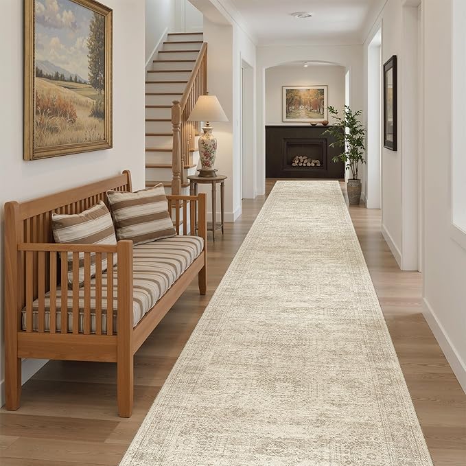 Soalmost Runner Rug 2'6" x 16' Washable Non-Slip 2.5x16 ft Long Runner Rugs for Kitchen Bathroom Laundry Room Vintage Ultra Thin Runners for Hallway Entryway Beige