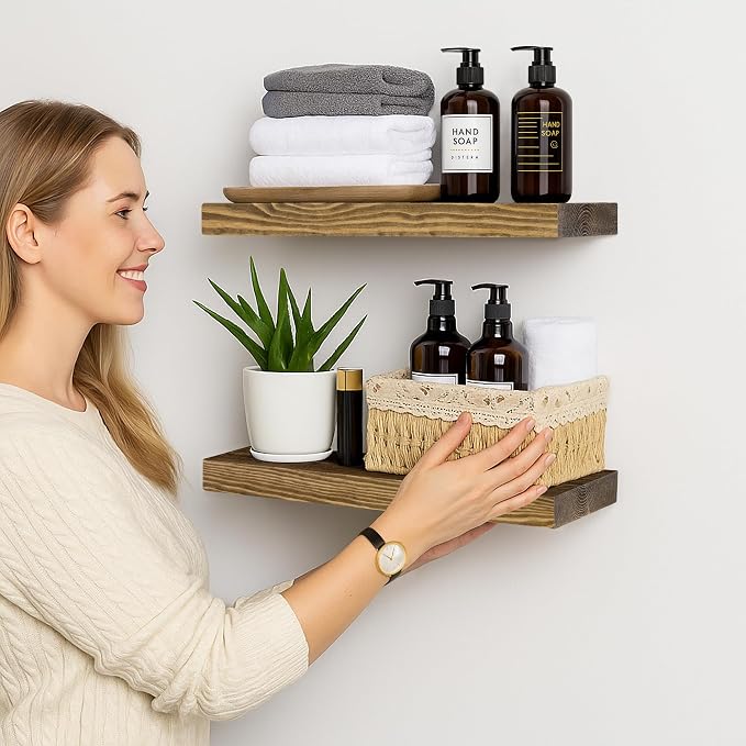 BGMG Wood Floating Shelves for Wall 16 inch Set of 2, Rustic Wooden Wall Mount Shelves for Living Room Bedroom Kitchen Farmhouse-16x6.7x1.25 inch- Dark Walnut