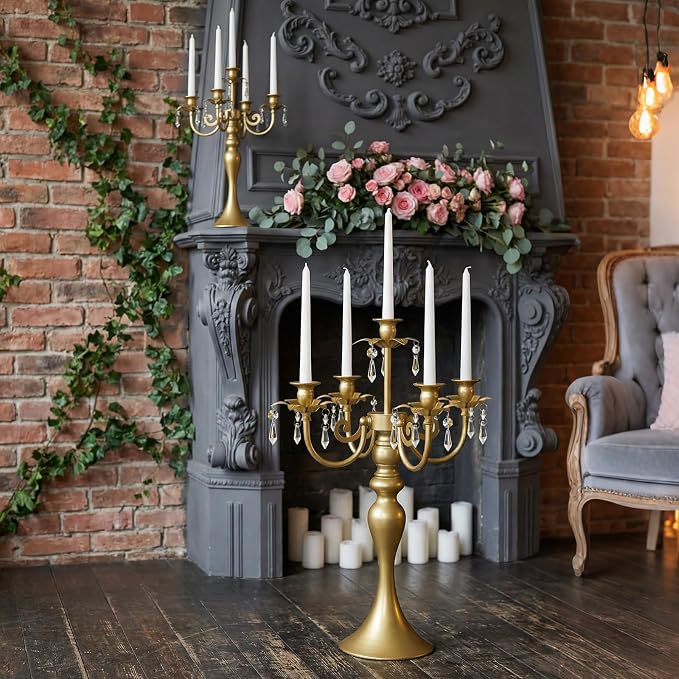 20.3'' Tall 5 Arm Silver Candelabra Centerpiece for Table, Metal Candelabra Candle Holder, Retro Candelabra Table Centerpieces for Party, Events, Home, Wedding Decor (1, Pure Gold, 5 arm)