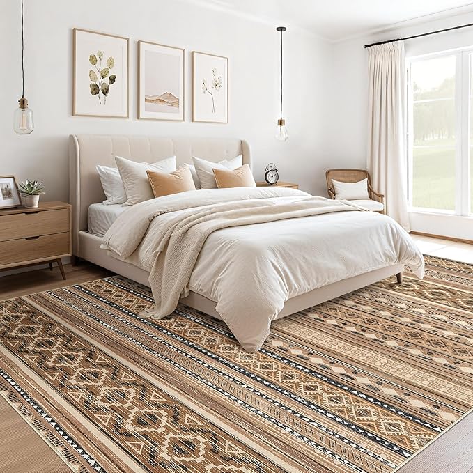cotiled 7x9 Area Rug Living Room: Washable Boho Rugs with Non Slip Backing Large Soft Indoor Stain Resistant Carpet for Bedroom Farmhouse Dining Room Lightweight Home Decor Brown/Beige