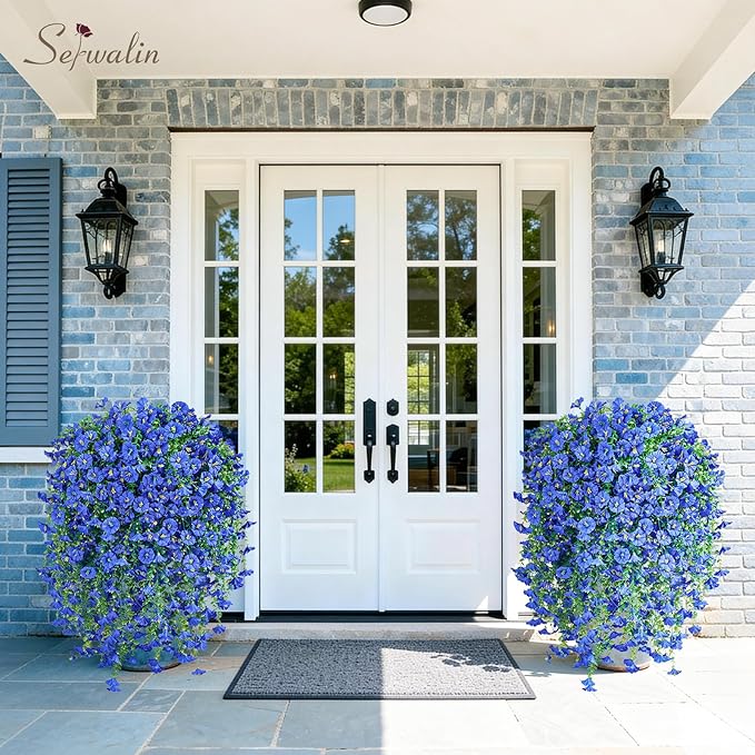 Serwalin Artificial Hanging Flowers for Outdoors UV Resistant, 4PCS Faux Morning Glory Fake Outdoor Flowers Realistic Silk Flower Faux Plants for Outside Planter Front Door Porch Patio Yard Decor