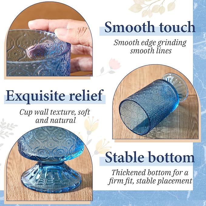 6 Pcs (H: 7" W: 4") Embossed Flower Vase Pedestal Glass Vase Big Base Thickened Crystal Vintage Vases for Wedding Party Home Decor Table Centerpiece House Warming Gifts (Blue,Classic)