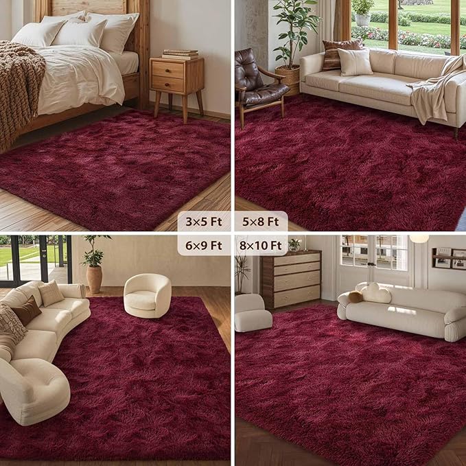FinRèc 8x10 Feet Red Rug for Living Room Bedroom, Fluffy Shag Area Rug, Non-Slip Plush Fuzzy Rugs for Nursery Kids Room Dorm Room Home Decor, Indoor Furry Floor Carpet
