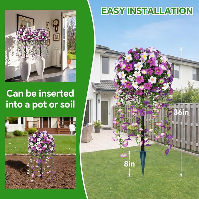 Artificial Morning Glory Topiary Trees Set of 2, Purple Fake Shrubs Bushes with Ground Spike, Faux Evergreen for Porch Plants, UV Resistant Artificial Flowers for Outdoors Indoor Front Garden