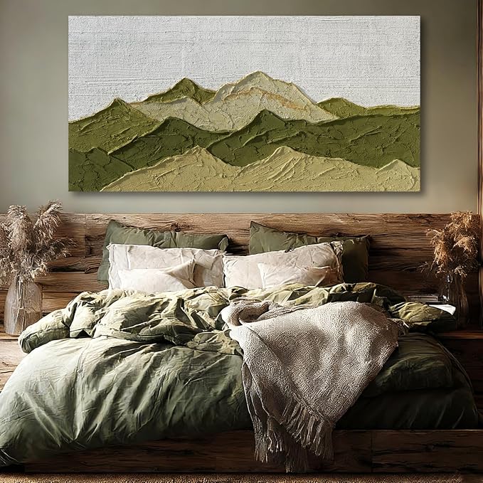Dolidoteart Green Beige White Landscape Wall Art, Large Wall Art for Living Room, Hand Painted Mountain Oil Painting for Bedroom Office, Horizontal 29x58 Inch