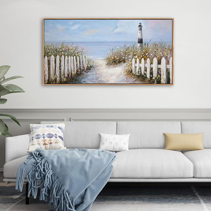 Ocean Wall Art for Living Room - Coastal Canvas Artwork for Walls, Vintage Landscape with Lighthouse, Farmhouse Beach Pictures, Framed Bedroom Wall Decor 20×40IN