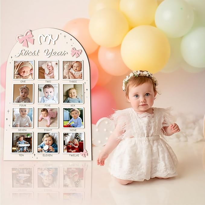 Aukolass Bow One Year of Photo Board, My First Year Photo Photo Board 12 Monthly Milestones Picture Frame for Baby Girl 1st Birthday Decorations (pink, 4" x 4")