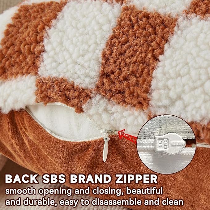 AmHoo Pack of 2 Decorative Throw Pillow Covers Checkerboard Luxury Super Soft Faux Fur Wool Set Case Cushion for Couch Sofa Bedroom 20 x 20-Inch Burnt Orange