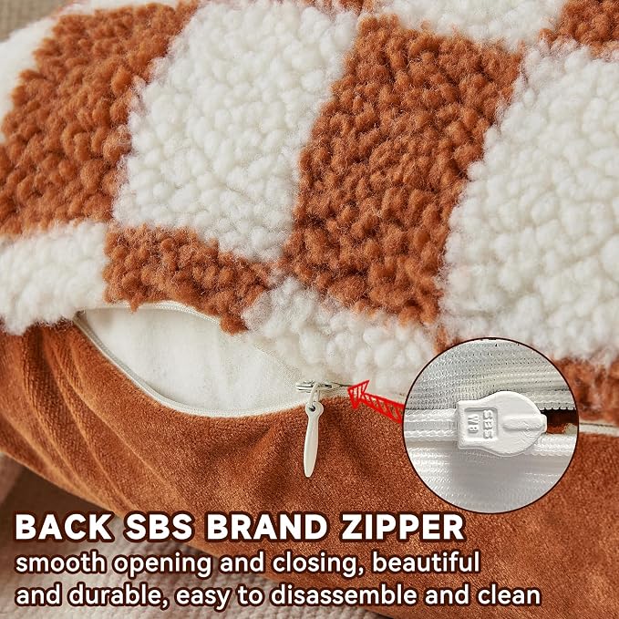 AmHoo Pack of 2 Decorative Throw Pillow Covers Checkerboard Luxury Super Soft Faux Fur Wool Set Case Cushion for Couch Sofa Bedroom 22 x 22-Inch Burnt Orange