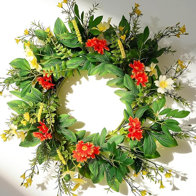 20 Inch Wreaths for Front Door, Spring Summer Flower Wreath - Red Daisy Artificial Flowers for Easter, Home Decor, Farmhouse Wall, Porch, Front Door Decorations