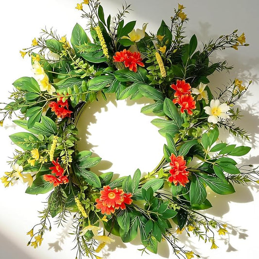 20 Inch Wreaths for Front Door, Spring Summer Flower Wreath - Red Daisy Artificial Flowers for Easter, Home Decor, Farmhouse Wall, Porch, Front Door Decorations