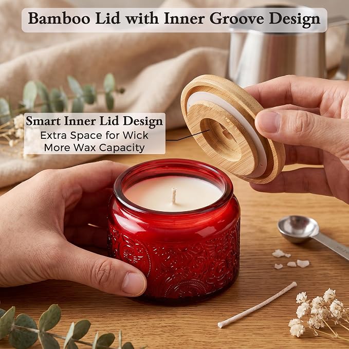 4 oz Red Sun Moon Stars Candle Jars with Bamboo Lids, 18 Pack | Patented Embossed Design, Includes Wick Centering Devices & Warning Labels, Multiple Color Options