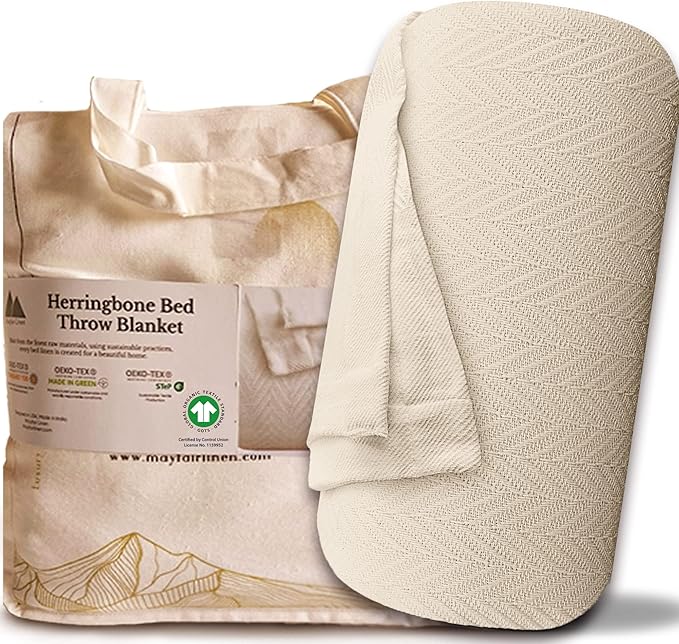 Mayfair Linen Cotton Throw Blankets for Bed King Size - Herringbone Pattern Cotton Blankets King Size (1 PC, Beige), Breathable, Soft & Cozy Thermal All Season Throw for Bed Couch Chair Outdoors