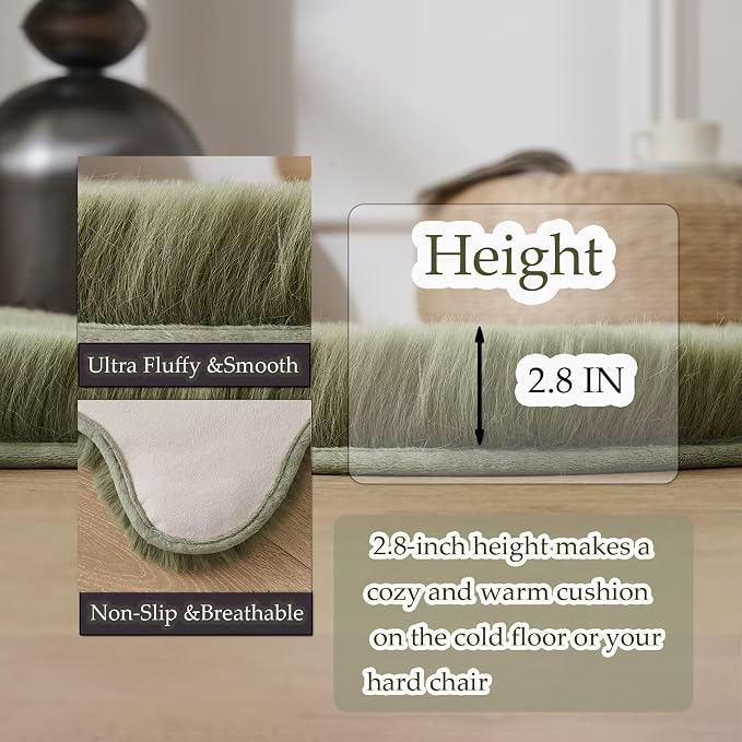 1700GSM Fuzzy Faux Sheepskin Fur Area Rug,Extra Soft Faux Fur Mat,Fluffy Shaggy Fur Rug for Bedroom Living Bedside Rug Room Decor-Sage Green, 2 x6 ft