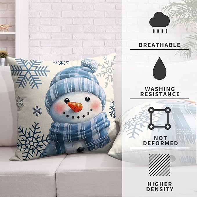Lovely Blue Snowman Pillow Covers Winter Throw Pillow Case 16x16 Set of 2 Snowflakes Pillowcase Holiday Cushion Case for Living Room Bedroom Couch Sofa