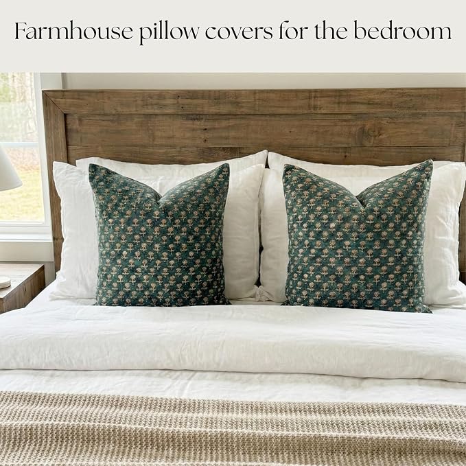 Linen Blue Throw Pillow Covers 20x20 inch Floral Pillows Spring Decorative Pillow Covers for Living Room, Bedroom