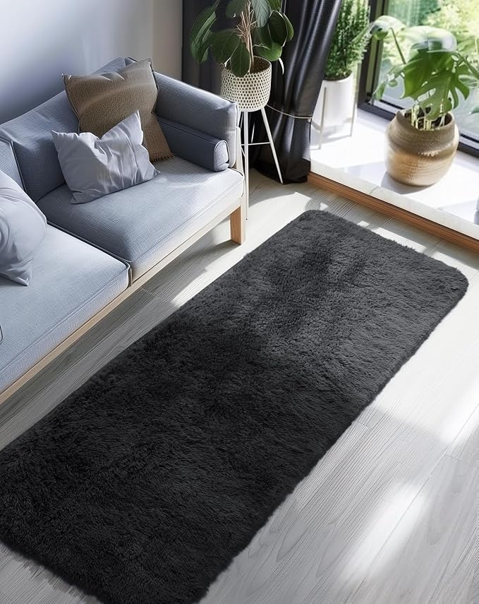 Ophanie 2x8 Runner Rug for Hallway,Upgrade Non-Slip Fluffy Soft Bedside Rugs,Bedroom Living Room Black Shaggy Carpet for Kids Girls Boys Dorm Nursery Home Decor Aesthetic with Over 99 pcs Pile fibers