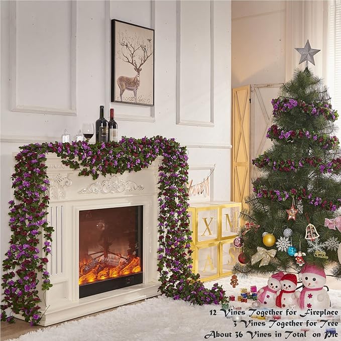 PONKING 6 Pcs x 8.2 ft Flower Garland Artificial Rose Vine Flowers with Green Leaves Hanging Fake Roses Vine for Room Party Home Wedding Birthday Christmas Wall Arch Decor, Spring Purple Flower