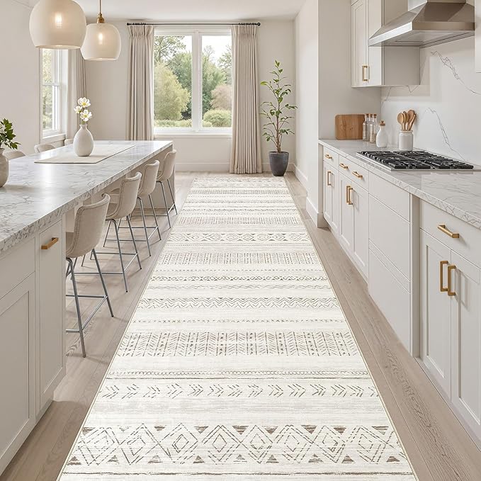 cotiled Washable 3x8 Runner Rugs: Washable Boho Rugs with Non Slip Backing Large Soft Indoor Stain Resistant Carpet for Living Room Bedroom Farmhouse Dining Room Lightweight Home Decor L Brown/Cream