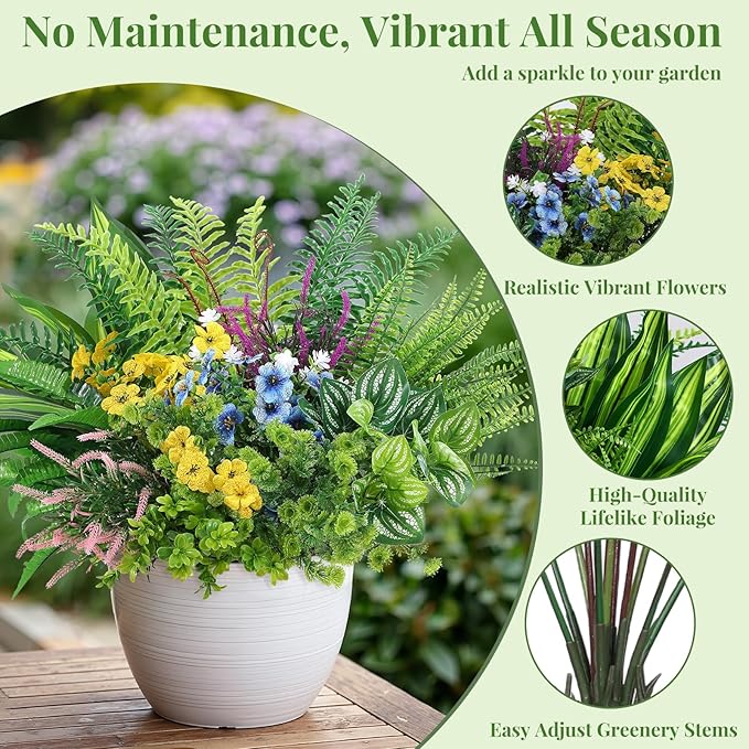 Alupssuc 24Pcs Artificial Flowers and Plants,UV Resistant & No Fade Fake Plastic Greenery Shrubs for Home Garden, Pathway, Front Porch-Spring Summer Decor, Indoor/Outdoor Use,Pink Purple Yellow Blue