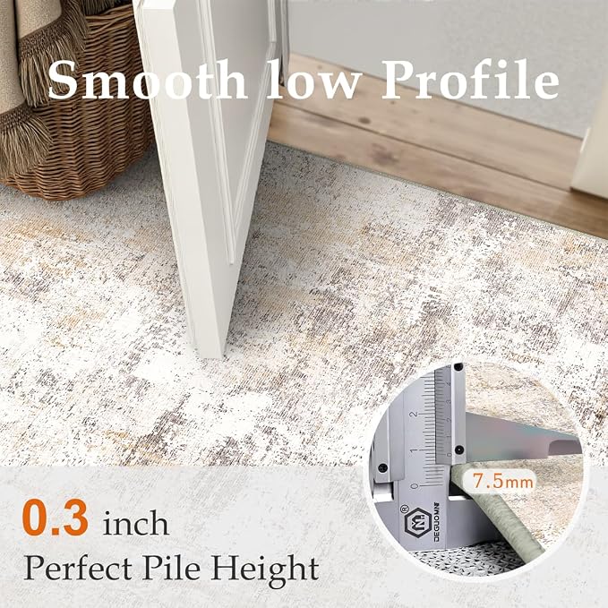 2'6x12 Washable Runner Rug Beige Grey Abstract Non Slip Soft Low Pile Hallway Kitchen Rug Neutral Modern Carpet for Laundry Bathroom Bedroom Living Room Home Decor