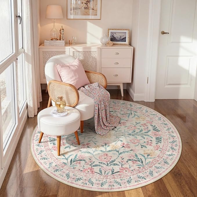 Wonnitar Pink Floral Round Rugs 5ft, Soft Circle Rug Non Slip Washable Round Carpet, Boho Non-Shedding Flower Distressed Circle Carpets for Bedroom Girls Room Nursery