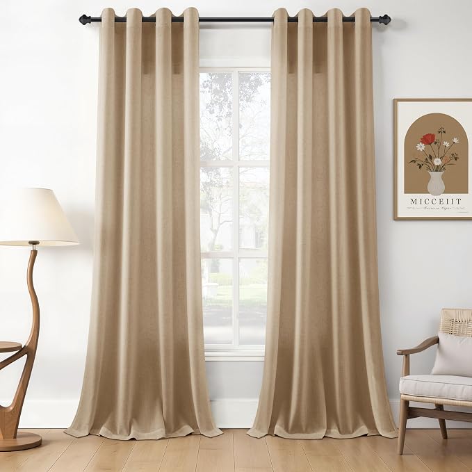 Sand Beige Linen Curtains 96 Inches Long for Living Room Grommet Top Privacy Light Filtering Luxury Neutral Window Decor Lightweight Breathable Sheer Drapes for Bedroom Dinner Room 52x96, 2 Panels
