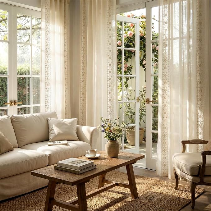 jinchan Weslie Beige Floral Sheer Curtains for Living Room 96 Inch Long Embroidered Voile Farmhouse Linen Curtains for Bedroom Ivory Flower Patterned Cottage Core Window Drapes 2 Panels Ivory on Beige