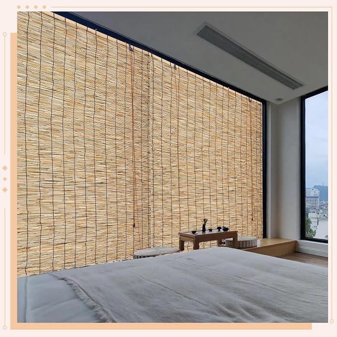 Reed Roller Shades,2 Pcs 48" W x 72" H Waterproof Privacy Screen Bamboo Outdoor Blind, Reed Curtain for Porch, Patio, Yard, Windows (Natural)