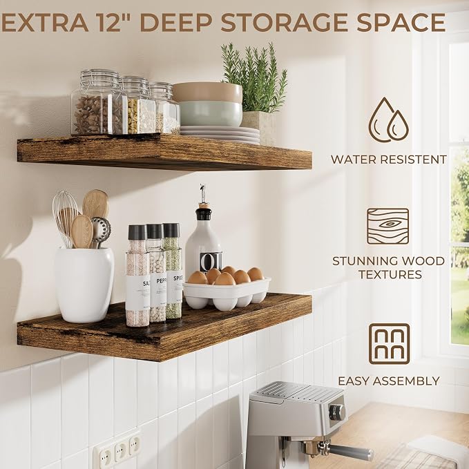 RICHFOCUS Deep Floating Shelves for Wall 2 Pack 12" D 16 Inch Wall Shelves for Room Wall|Wood Hanging Shelf with Invisible Brackets for Bathroom Bedroom Kitchen Laundry Room, Rustic Brown