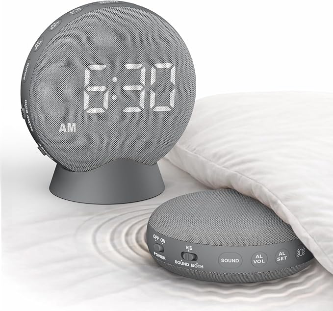 SolaceRise Super Loud Alarm Clock for Heavy Sleepers: Vibrating Digital Auto-Dim Clock with Bed Shaker for Hearing Impaired - Portable Rechargeable Battery for Bedroom Travel Dorm - Gray