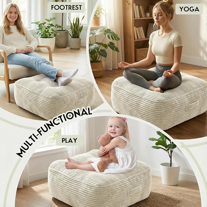 11" Thick Washable Floor Pillow for Adults, Yoga & Meditation Cushion with Handle, Square Large Pillows Seating with Removable Tufted Corduroy Cover for Tatami Living Room Board Games, Cream
