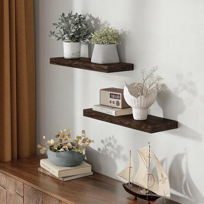 Fun Memories Wood Floating Shelves 24 Inch Long, Rustic Elm Wood Wall Shelves for Farmhouse, Living Room, Kitchen, Wall Mounted Bathroom Shelf Floating Shelf with Invisible Bracket Set of 2, Walnut