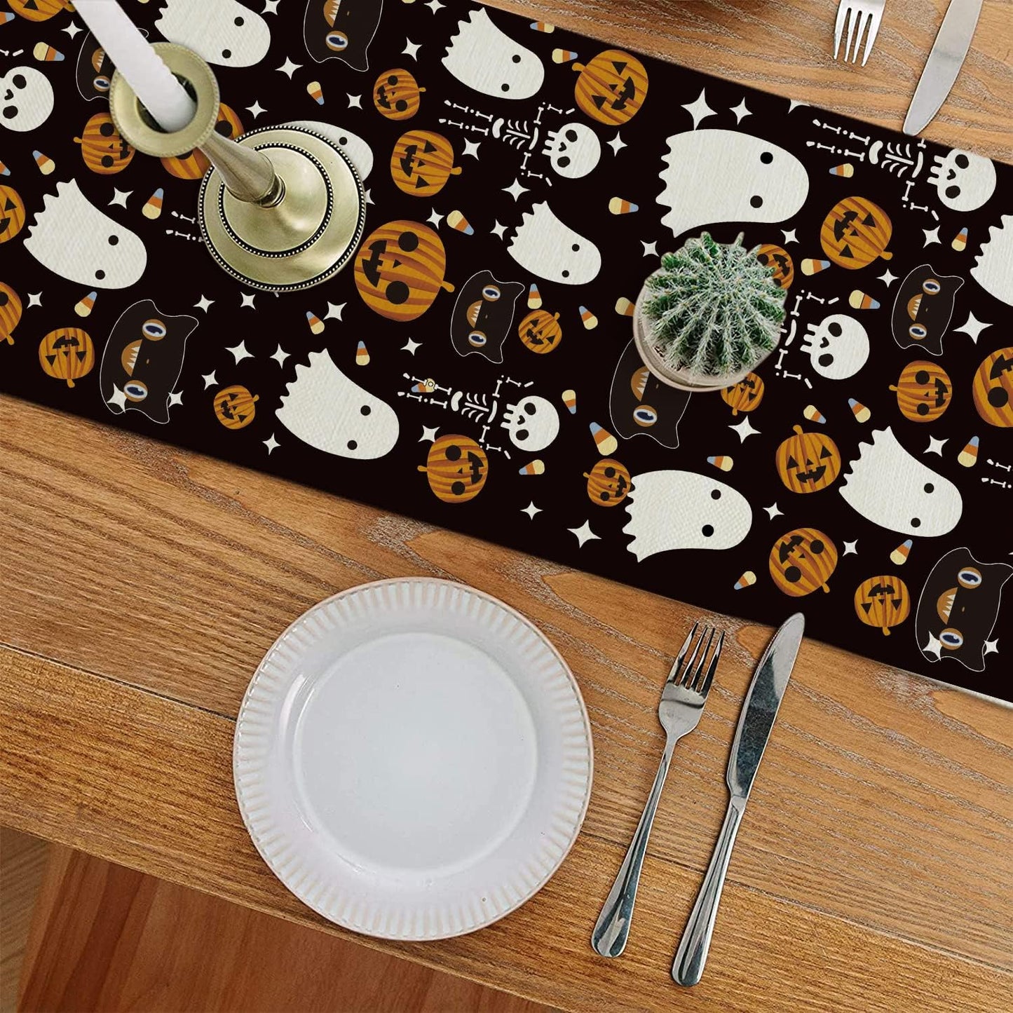 GAGEC Halloween Table Runner Black Cat Pumpkins Seasonal Kitchen Dining Table Home Outdoor Party Decorations (13'' x 108'')