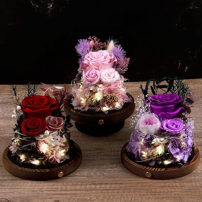 Large Preserved Flowers with Card&Box-Flowers for Delivery Prime,Eternal Rose with Lights,Roses in Glass Dome,Romantic Gift for Her,Decoration,Fresh Rose Flowers for Mom, Birthday, Anniversary (Pink)