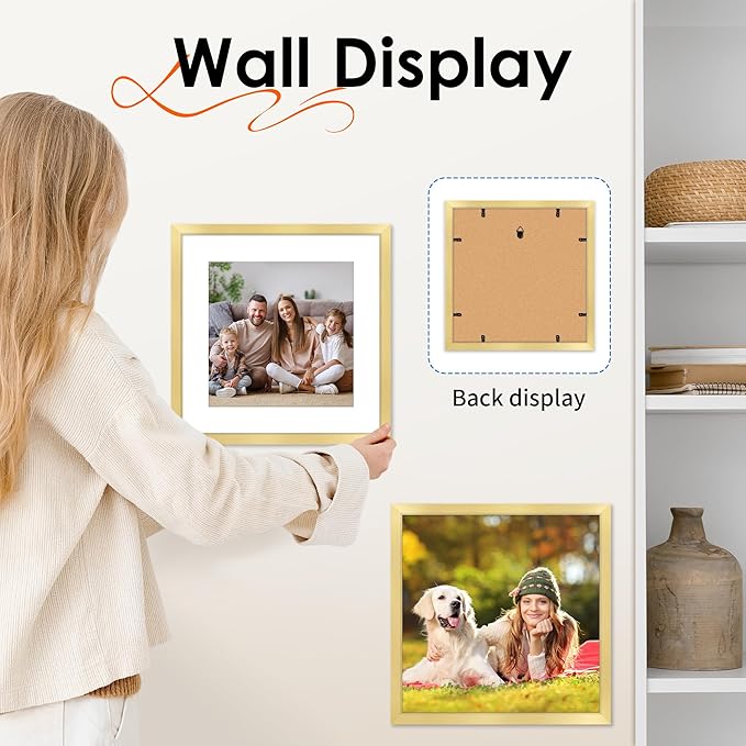 FIXSMITH 12x12 Picture Frame Gold Set of 2, Photo Frame with HD Plexiglass, Display Pictures 8x8 with Mat or 11x17 Without Mat, Gold Picture Frames Collage Wall Decor, Gallary Wall Frame