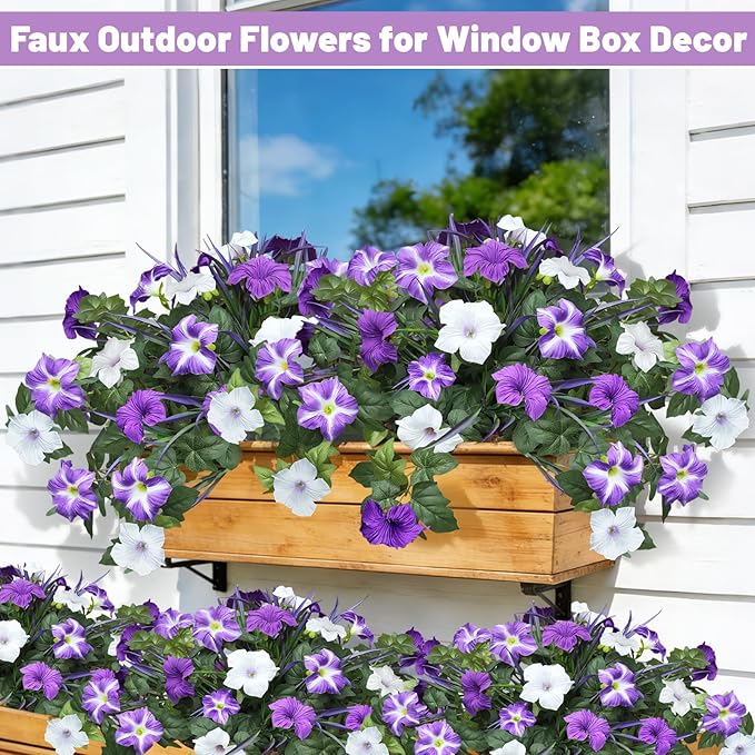 Artificial Flowers Plants for Outdoors, 6PCS UV Resistant Faux Flowers Outdoor Plants, Fake Petunias Silk Flowers for Garden Balcony Yard Porch Decor (White Purple)