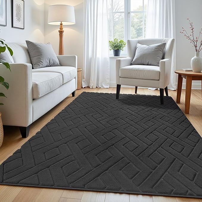Macgace Ultra Soft Dark Grey Area Rug for Bedroom, 3x5 Modern Geometric Shag Rugs with Nonslip Backing for Living Room, Washable Fuzzy Carpet for Cozy Kids Room Nursery