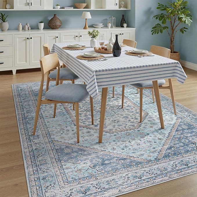 DCX Machine Washable Blue and Beige Area Rug 4x6, Non Slip Stain Resistant Vintage Floral Rug for Living Room Bedroom Nursery, Soft Low Pile Large Carpet