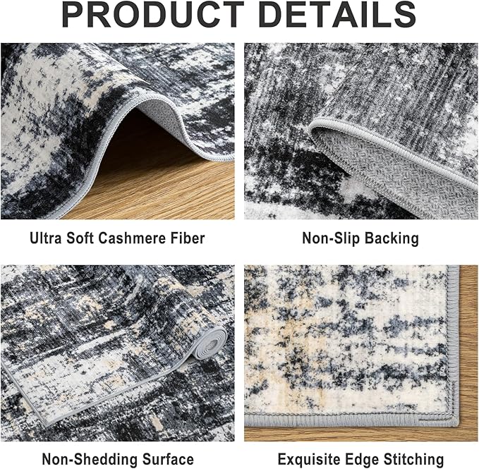 Area Rugs 9x12 Living Room - Washable Rug Modern Abstract Soft Large Neutral Non-Slip Carpet Indoor Floor Thin Carpets for Bedroom Dining Room Farmhouse Nursery Home Office Black Gold