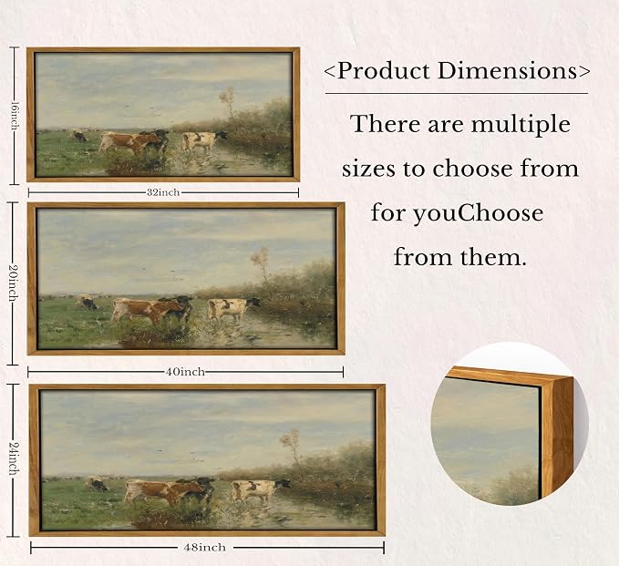 Large Wood Framed Vintage Cows Wall Art,Farm Field Landscape Canvas Print,Valley cattle herd Nature Country Painting,Picture Bedroom Wall Decor Gifts for Friends or Family