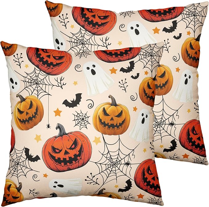 Halloween Pillow Covers 16x16 Set of 2 Jack-O-Lantern Bat Spider Web Ghost Throw Pillow Covers Horror Pumpkin Pillowcase Holiday Decor Cushion Case for Party Outdoor Sofa