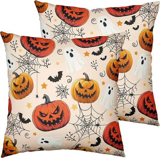 Halloween Pillow Covers 20x20 Set of 2 Jack-O-Lantern Bat Spider Web Ghost Throw Pillow Covers Horror Pumpkin Pillowcase Holiday Decor Cushion Case for Party Outdoor Sofa
