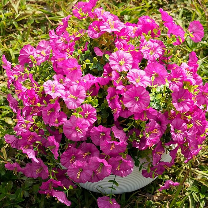 Fanfantoey Artificial Flowers for Outdoor, UV Resistant Fake Plants Outside Decoration, 14 Pcs Realistic Silk Morning Glory Faux Flowers for Porch Patio Gardens Home Decor(Fuchsia)