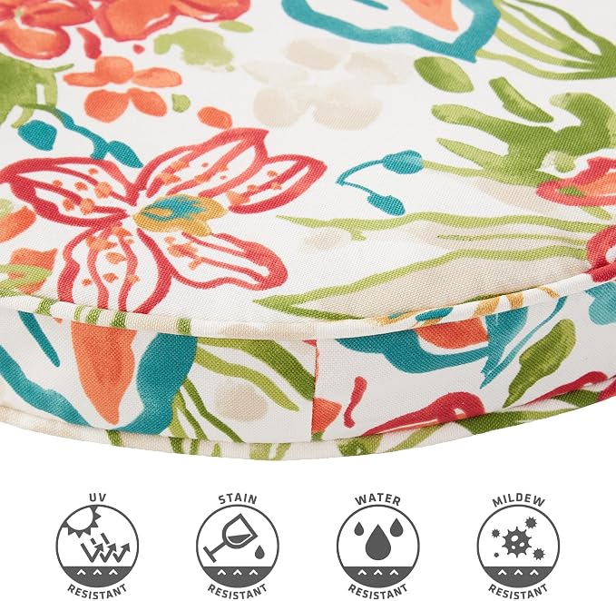Set of 2 Outdoor 18 inch Round Patio Dining Chair Pads – Comfortable Fiber-Filled Seat Cushions with Ties, Reversible Polyester Fabric, Breeze Floral