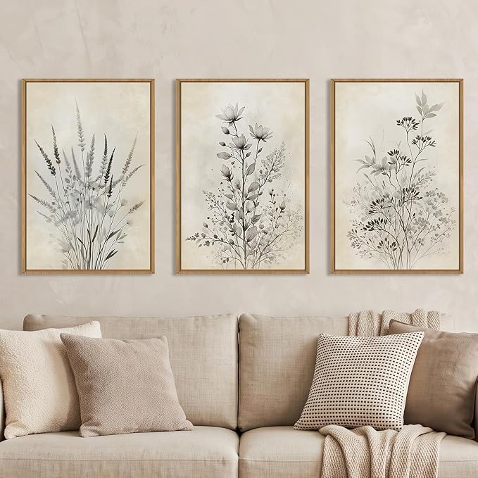 Large Neutral Flower Botanical Framed Canvas Wall Art,Boho Wildflowers Ink Wall Decor,Vintage Bouquet Wall Painting,Nature Artwork for Living Room,Bedroom,Dining Room,Office -16"x24"x3