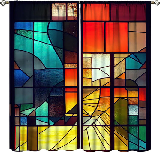 Stained Glass Curtains,Retro Abstract Colorful Geometry Textures Art Home Decor Drapes for Bedroom Living Room Kitchen Window Treatment 2 Panels Set Total Size 55" W X 63" L Inch