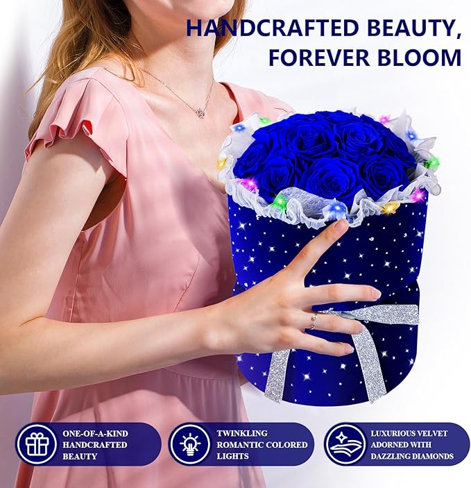 Forever Blue Roses Bouquet Preserved Flowers with Lights for Delivery, 100% Real Immortal Eternal Flower with Rhinestones in Velvet Box,Birthday for Her Mom Women Wife Girlfriend