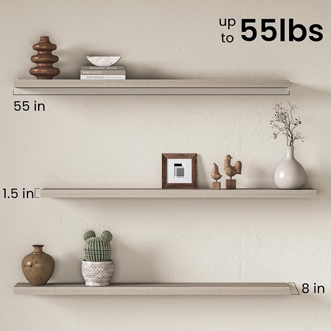 Fun Memories 55Inch Long Floating Shelves, 8 Inch Deep Shelves for Bedroom|Living Room, Wall Mounted Wood Hanging Shelf with Invisible Brackets for Fireplace Mantel Home Storage Decor, Grey - 1 Pack
