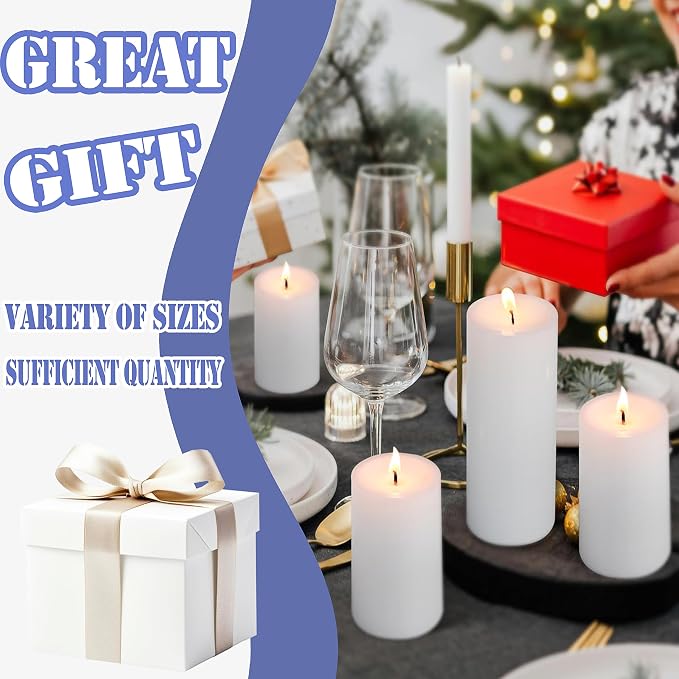 72 Pack White Pillar Candles Bulk Set, 2x3 2x6 2x8 Inch - 24 Each Size, Dripless Smokeless Clean Burning for Wedding Centerpieces, Home Decor, Church, Romantic Ambiance！
